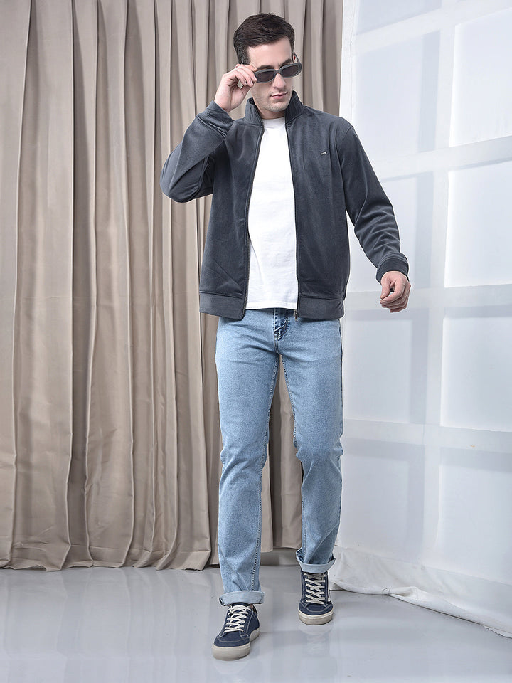 COBB SOLID GREY ZIP-UP VELVET SWEATSHIRT