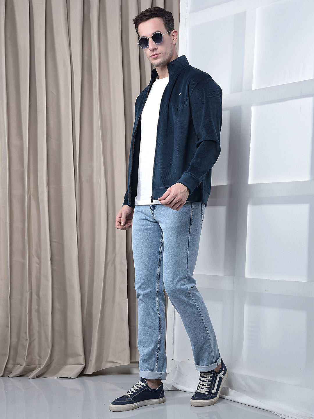 COBB SOLID TEAL ZIP-UP VELVET SWEATSHIRT