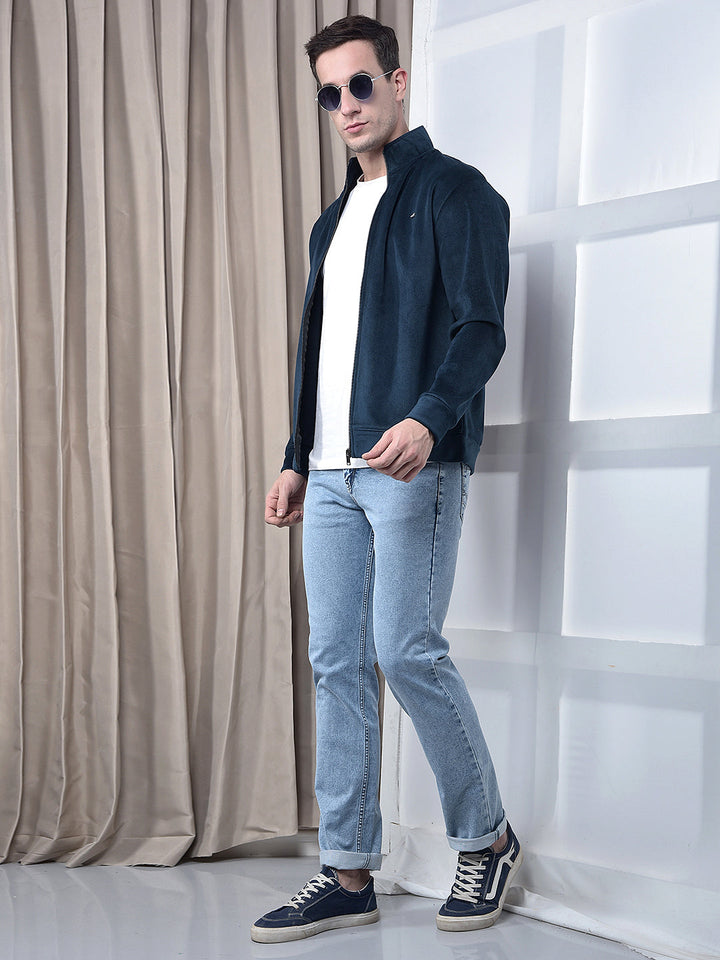 COBB SOLID TEAL ZIP-UP VELVET SWEATSHIRT