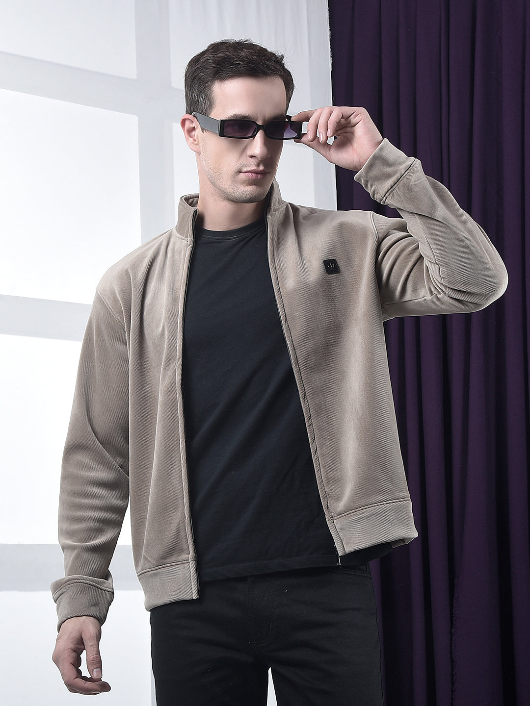 cobb solid brown zip-up velvet sweatshirt