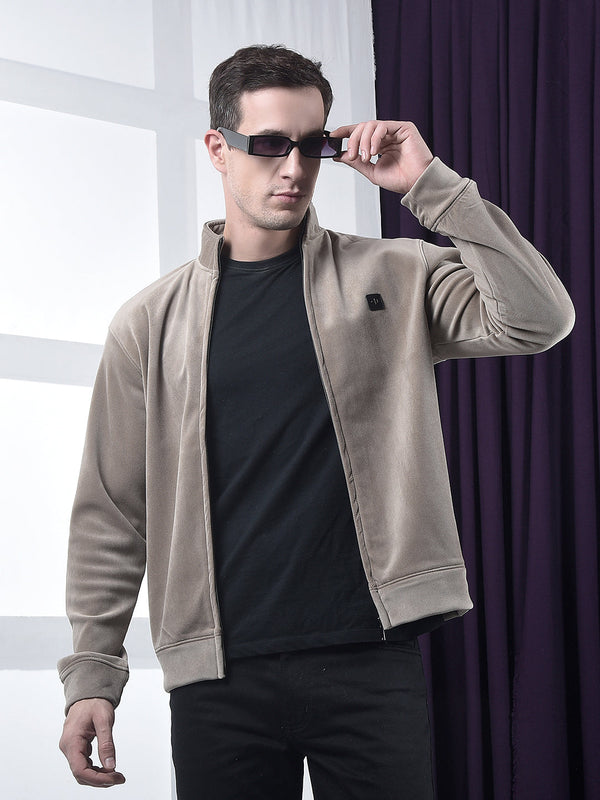 cobb solid brown zip-up velvet sweatshirt