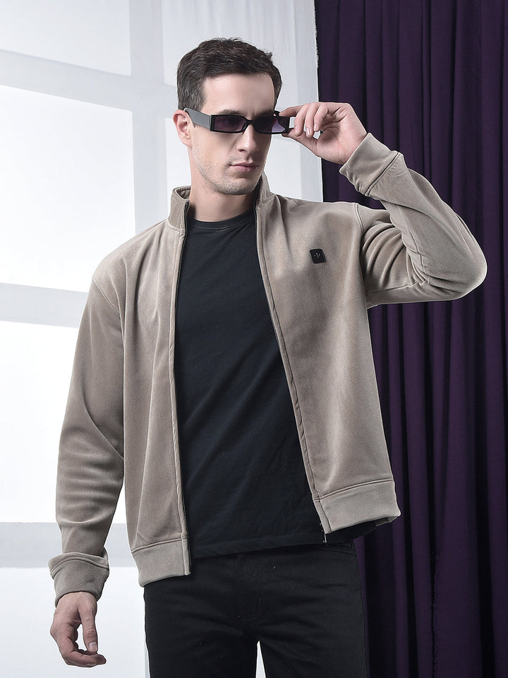 cobb solid brown zip-up velvet sweatshirt