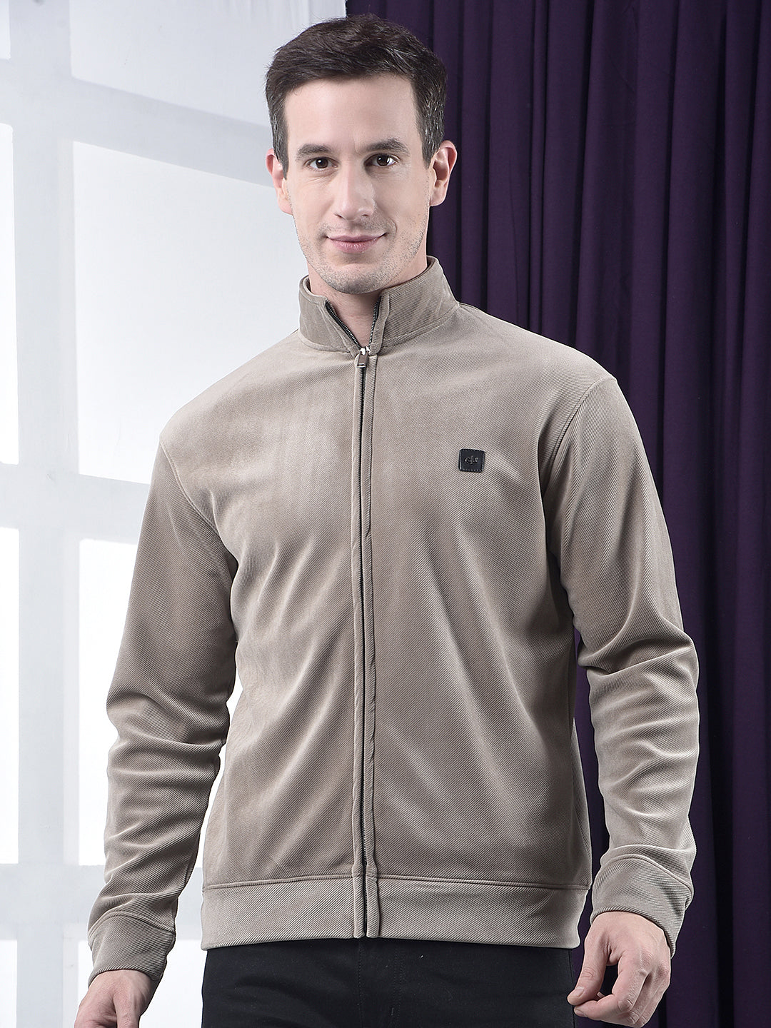 cobb solid brown zip-up velvet sweatshirt