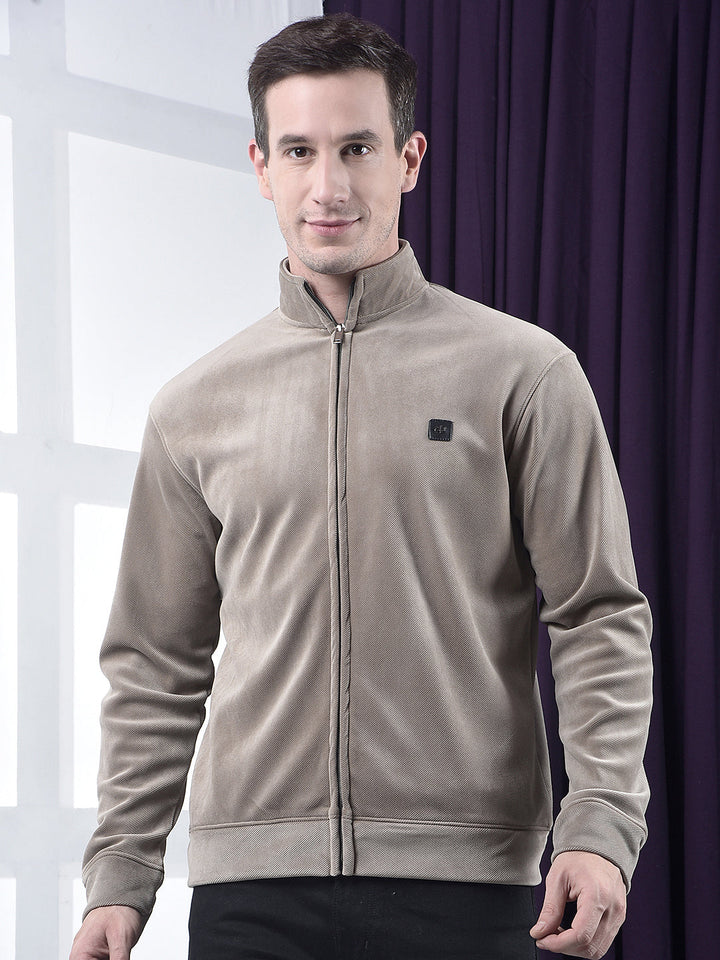 cobb solid brown zip-up velvet sweatshirt