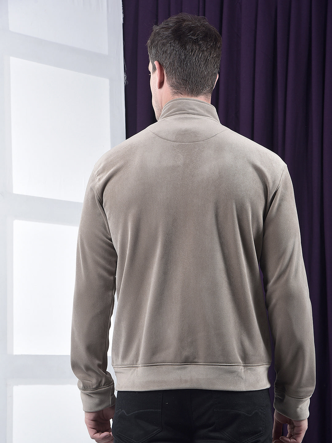 cobb solid brown zip-up velvet sweatshirt