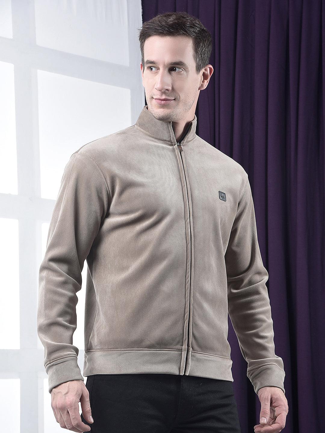 cobb solid brown zip-up velvet sweatshirt