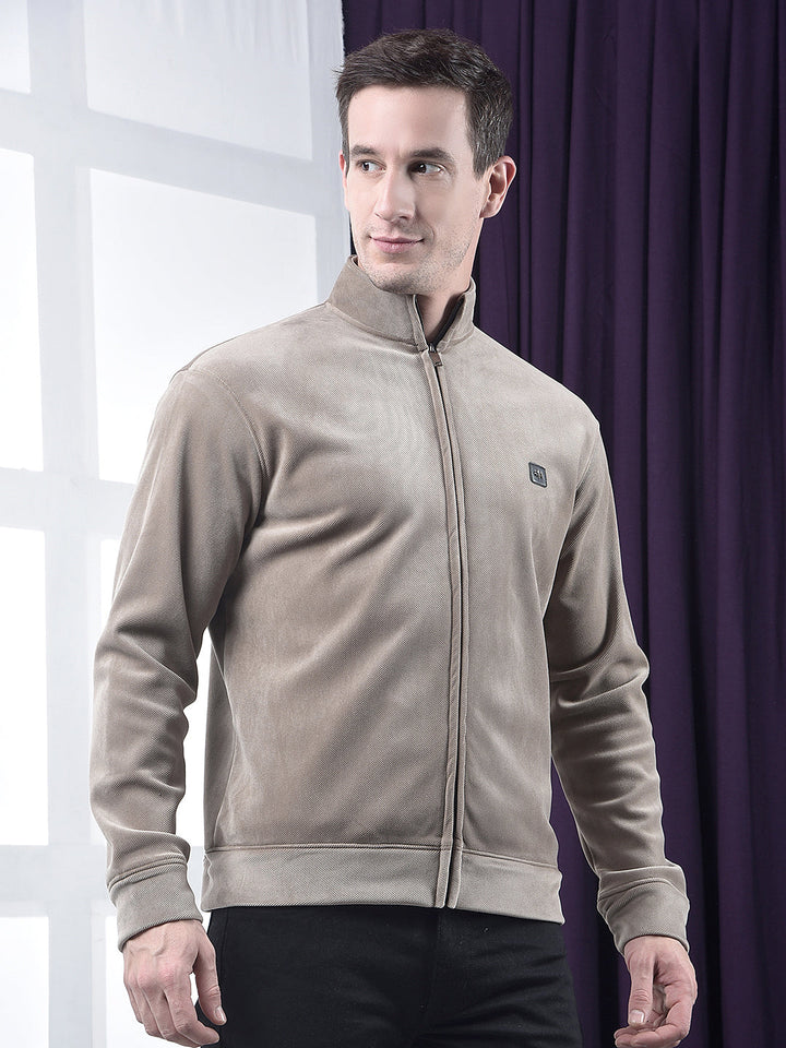 cobb solid brown zip-up velvet sweatshirt