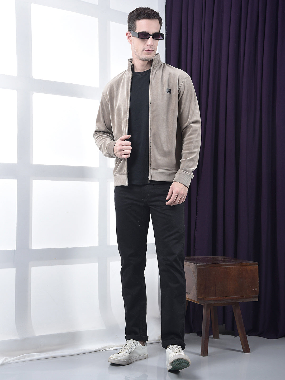 COBB SOLID BROWN ZIP-UP VELVET SWEATSHIRT