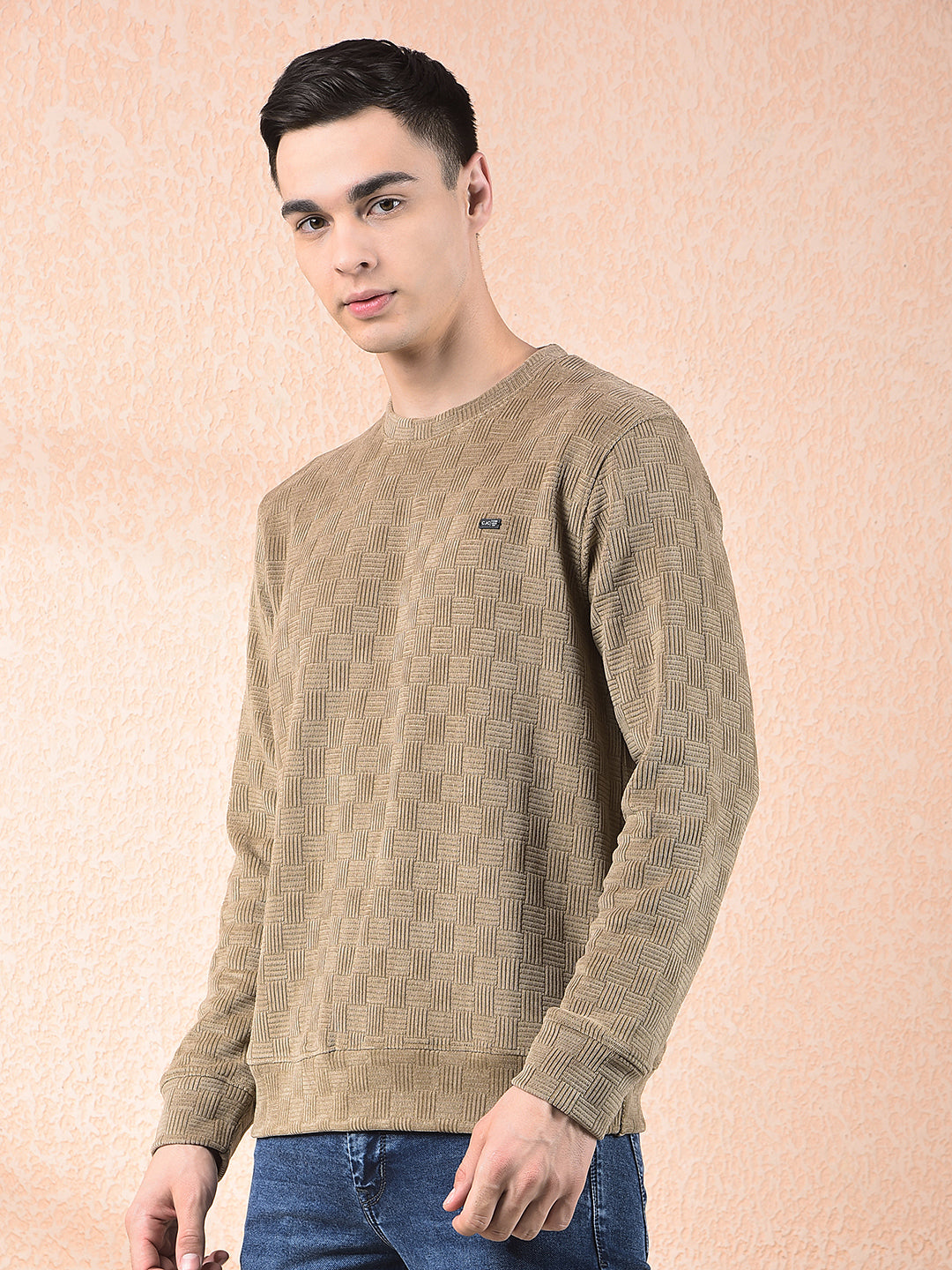 COBB BEIGE SELF-DESIGN ROUND NECK SWEATSHIRT