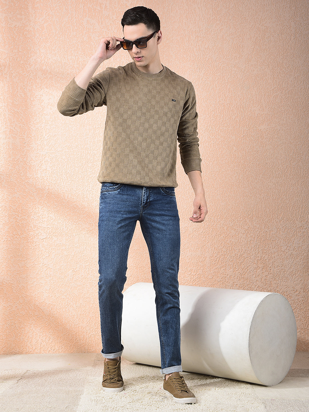 COBB BEIGE SELF-DESIGN ROUND NECK SWEATSHIRT