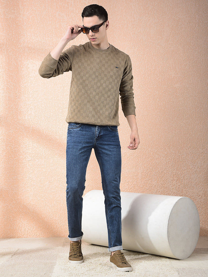 COBB BEIGE SELF-DESIGN ROUND NECK SWEATSHIRT