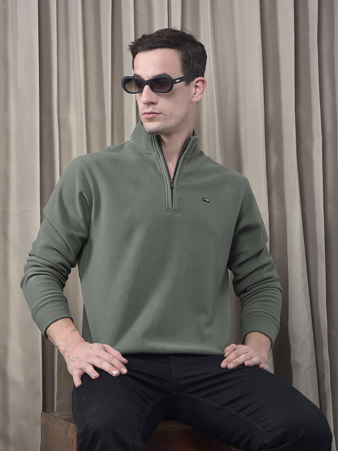 cobb solid olive half-zipper velvet sweatshirt