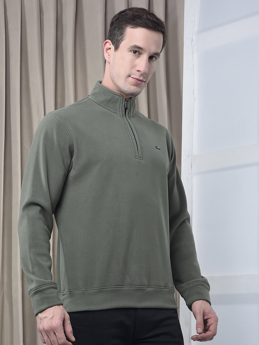 cobb solid olive half-zipper velvet sweatshirt
