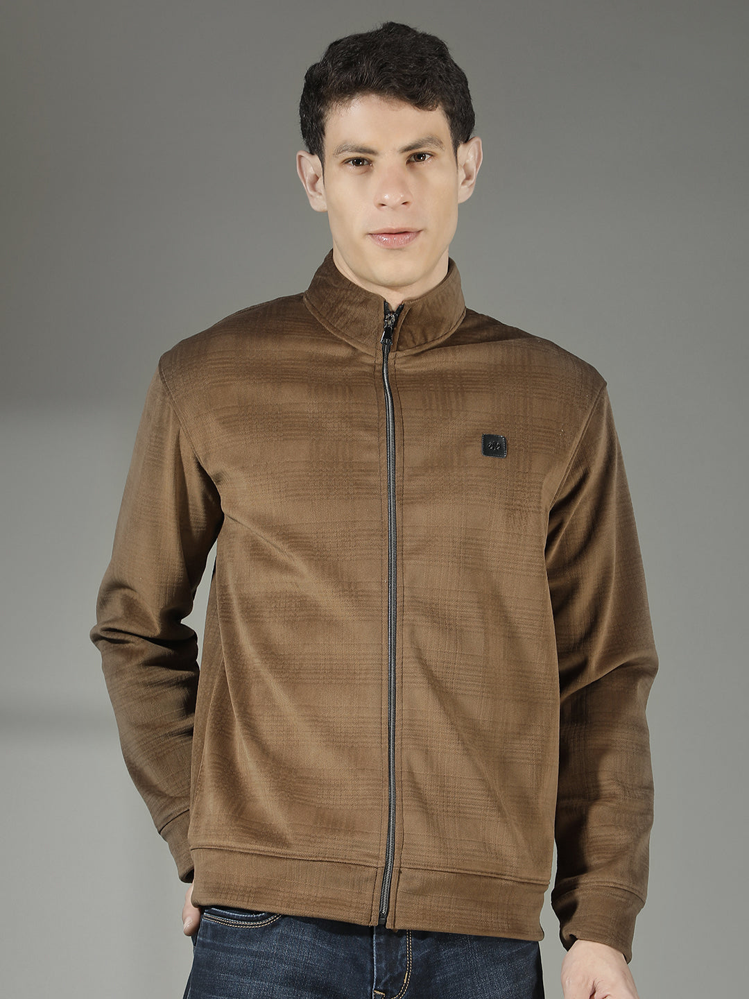 cobb beige checked zip-up sweatshirt