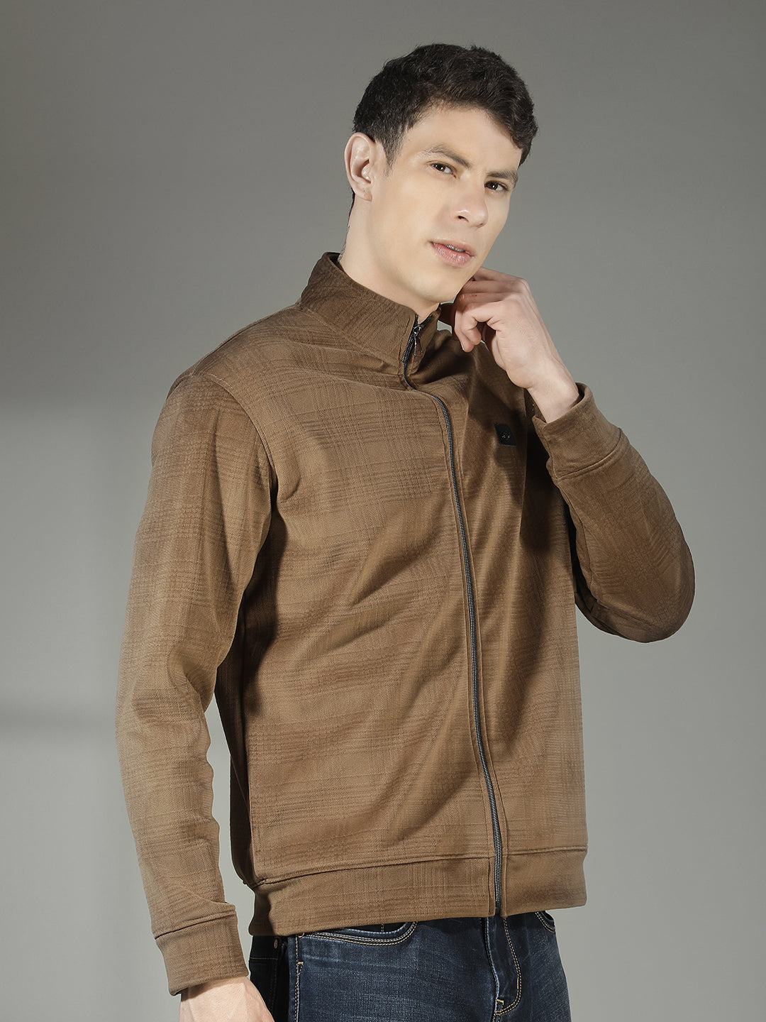 COBB BEIGE CHECKED ZIP-UP SWEATSHIRT