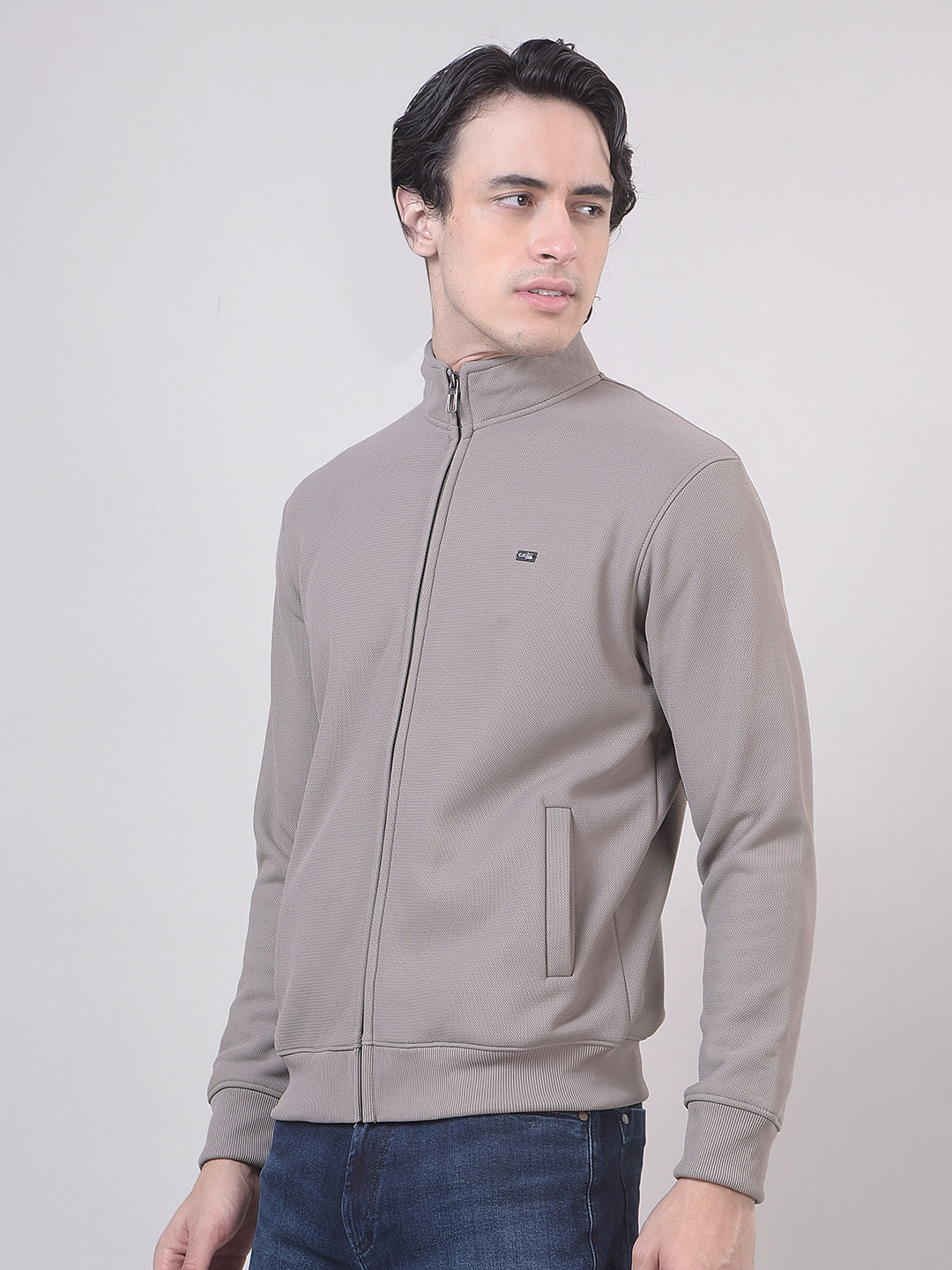 Stone Grey Textured Zip-Up Sweatshirt