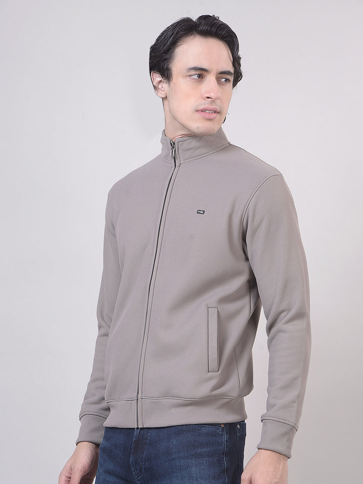 Stone Grey Textured Zip-Up Sweatshirt
