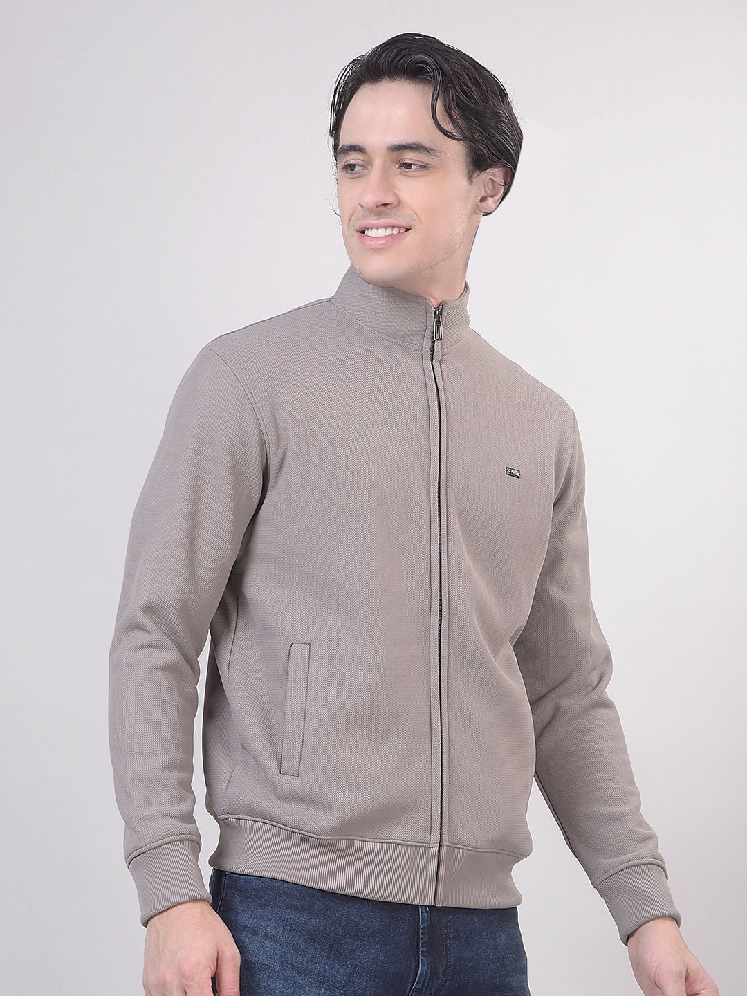 Stone Grey Textured Zip-Up Sweatshirt