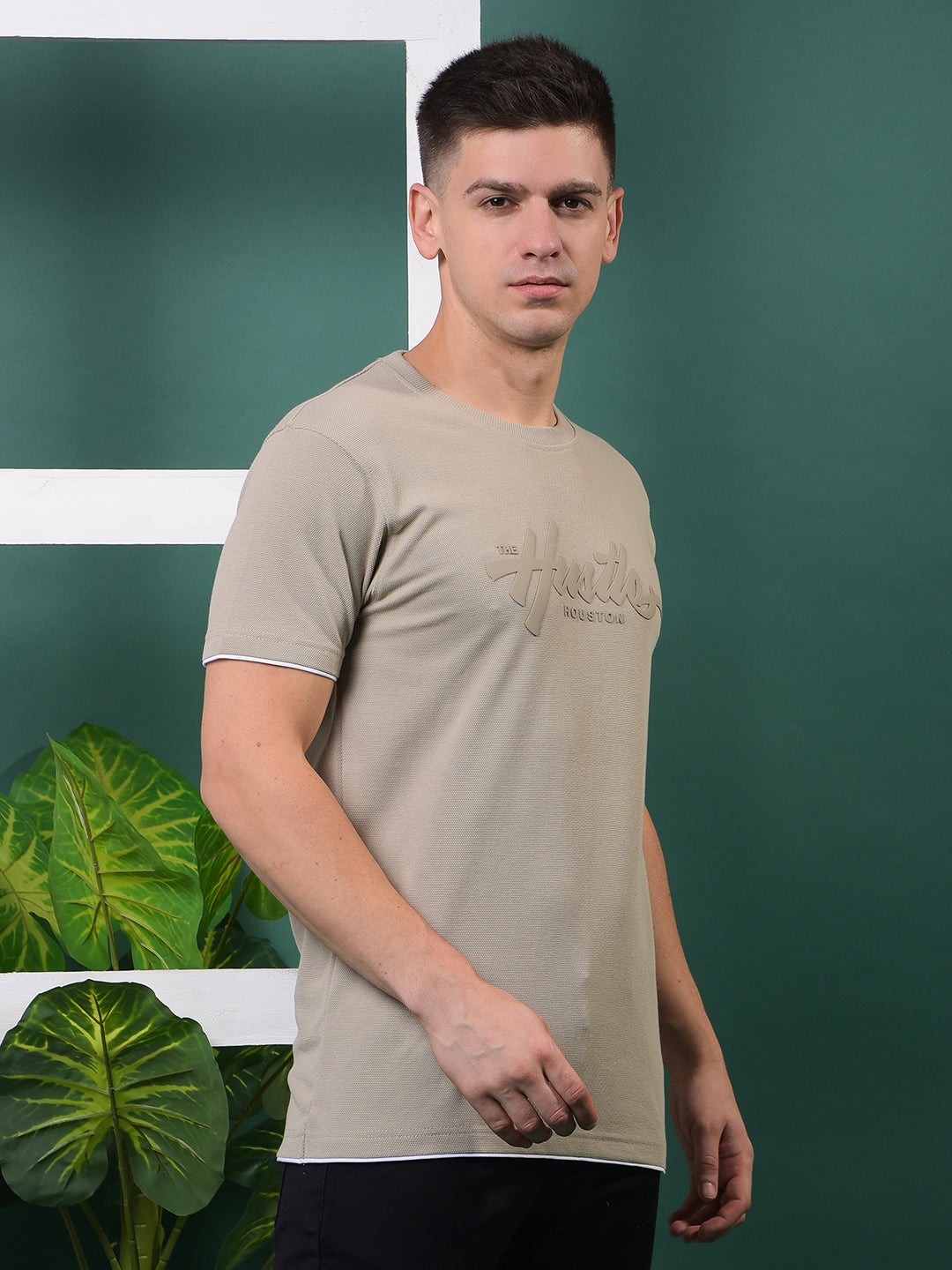 COBB BEIGE PRINTED ROUND NECK T-SHIRT