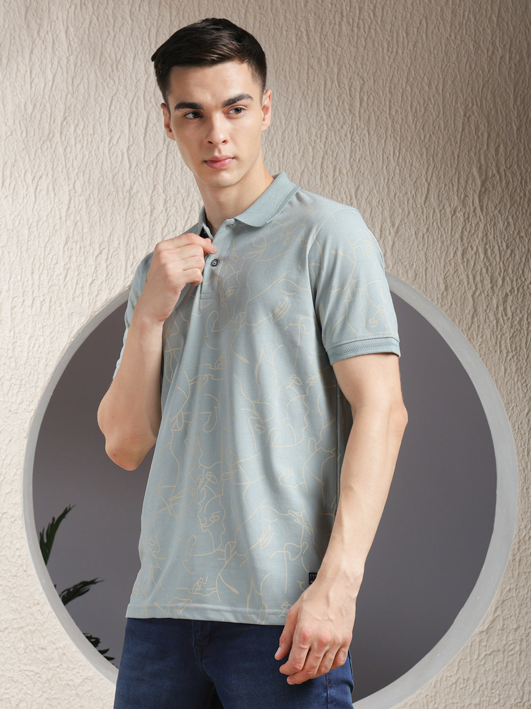 COBB DUSTY MINT PRINTED POLO NECK T-SHIRT