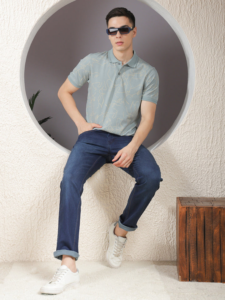 COBB DUSTY MINT PRINTED POLO NECK T-SHIRT