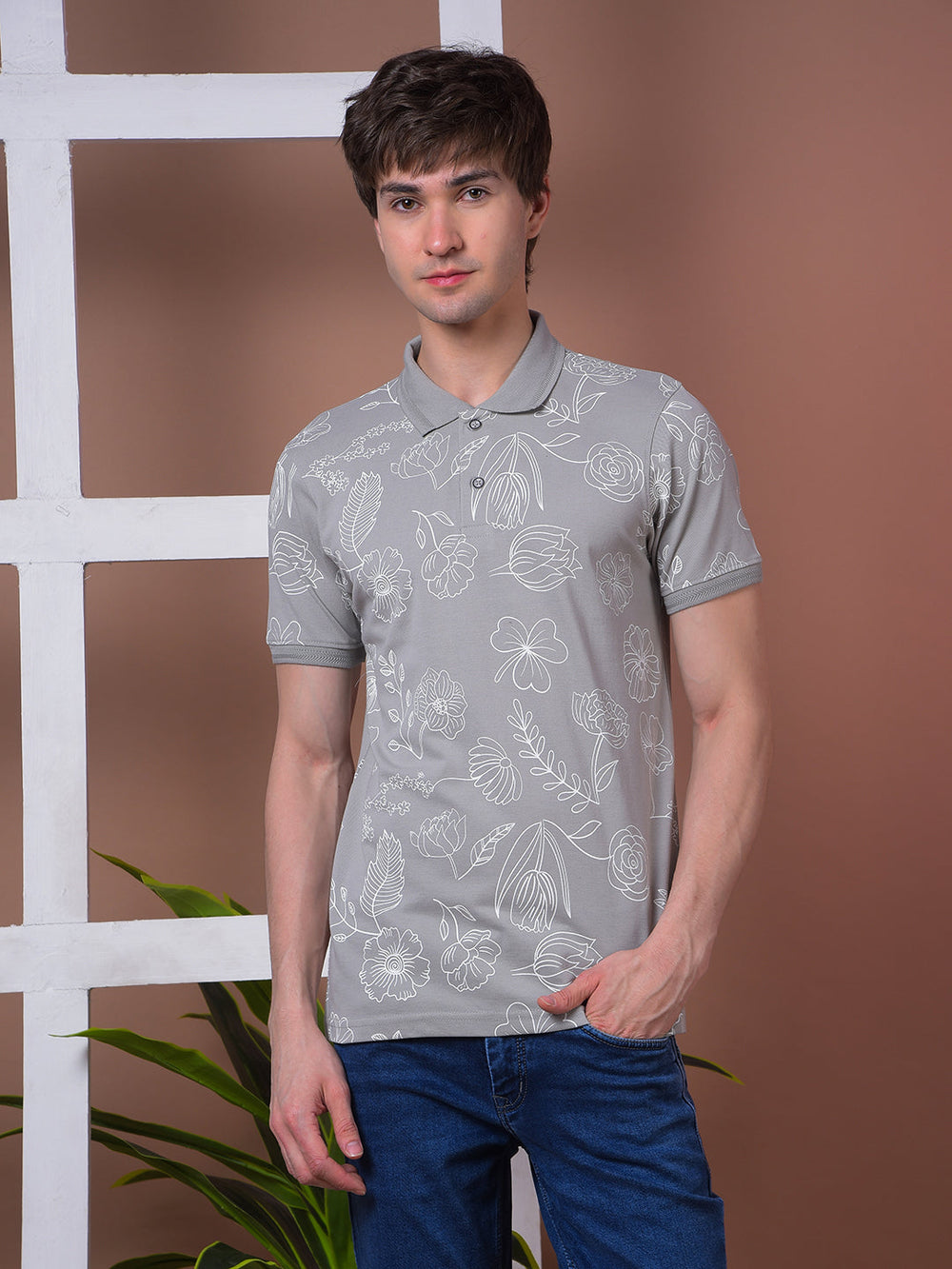 cobb grey printed polo neck t-shirt