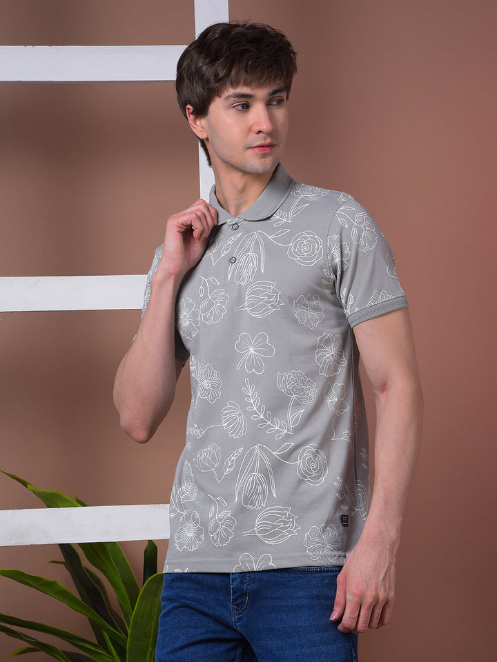 COBB GREY PRINTED POLO NECK T-SHIRT