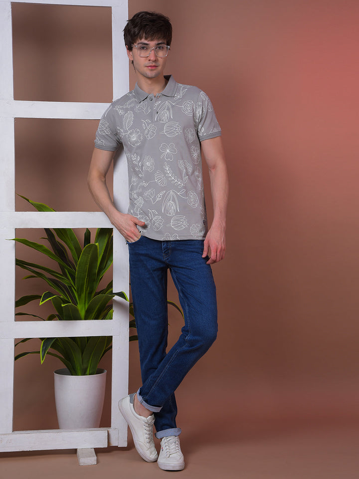 COBB GREY PRINTED POLO NECK T-SHIRT