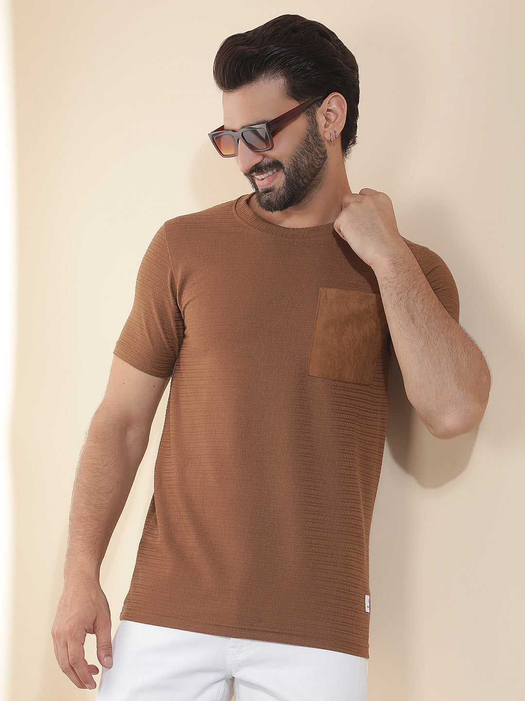 cobb tan solid round neck t-shirt