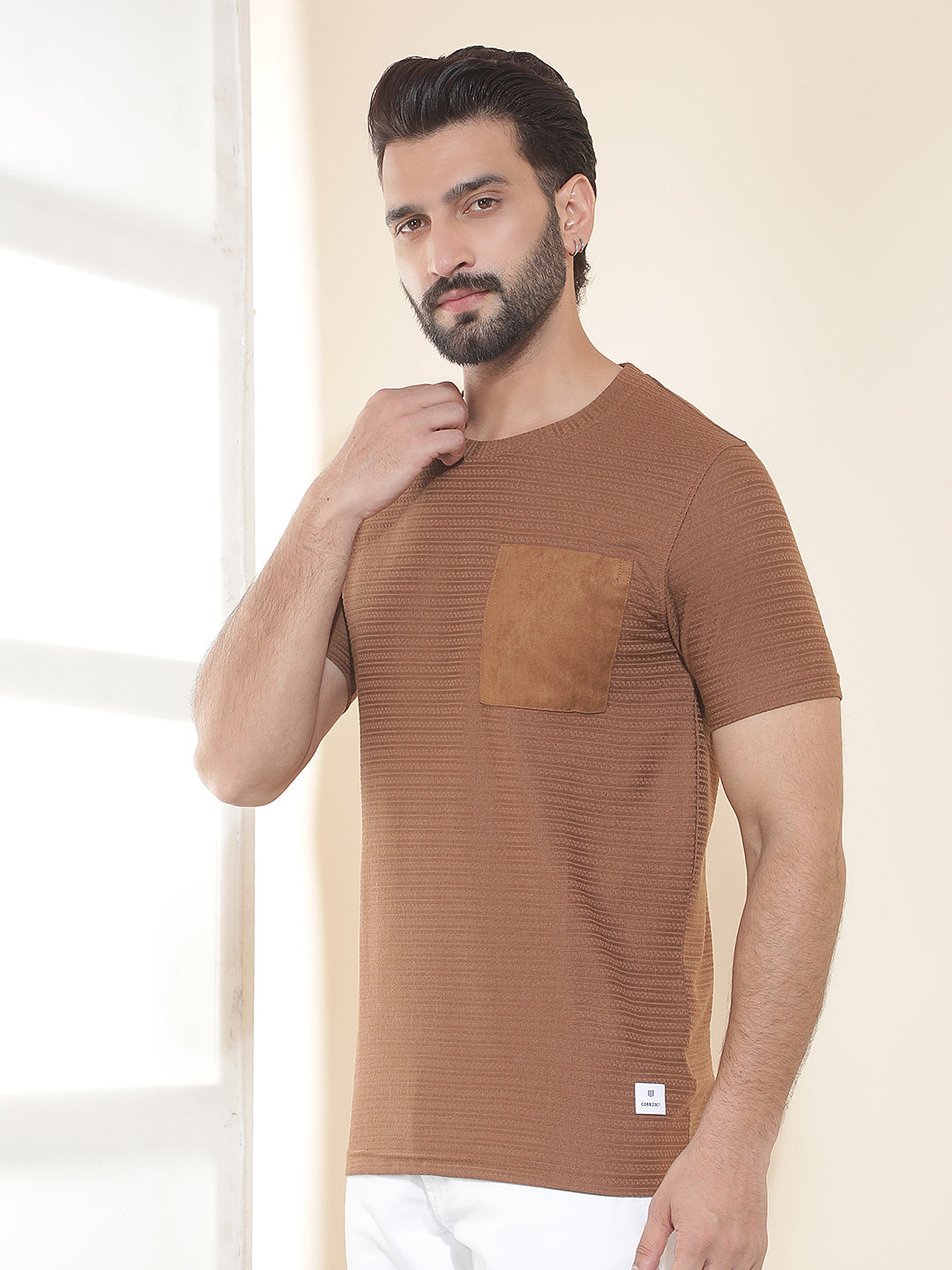 cobb tan solid round neck t-shirt
