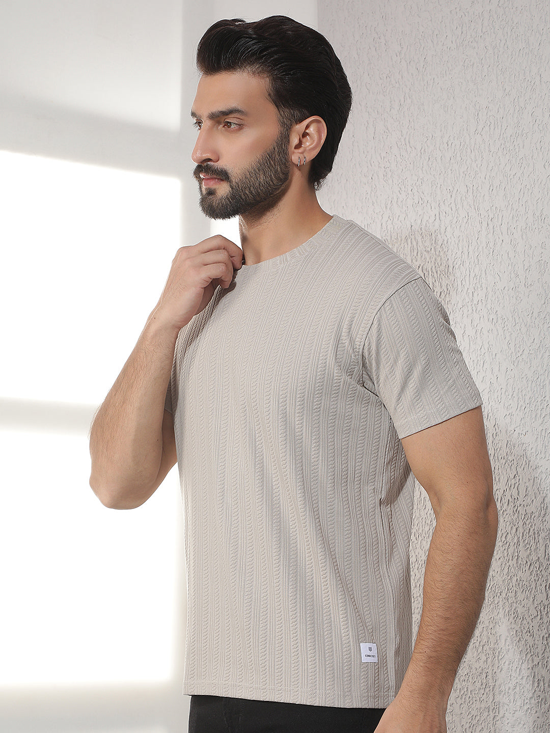 cobb beige solid round neck t-shirt