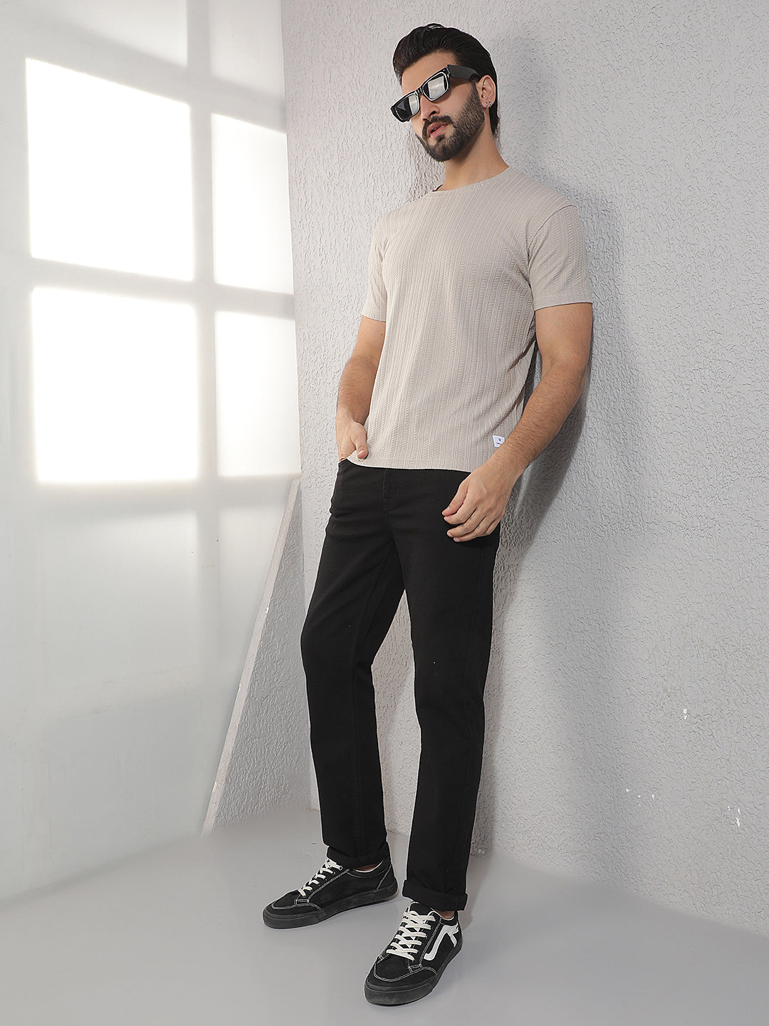 COBB BEIGE SOLID ROUND NECK T-SHIRT