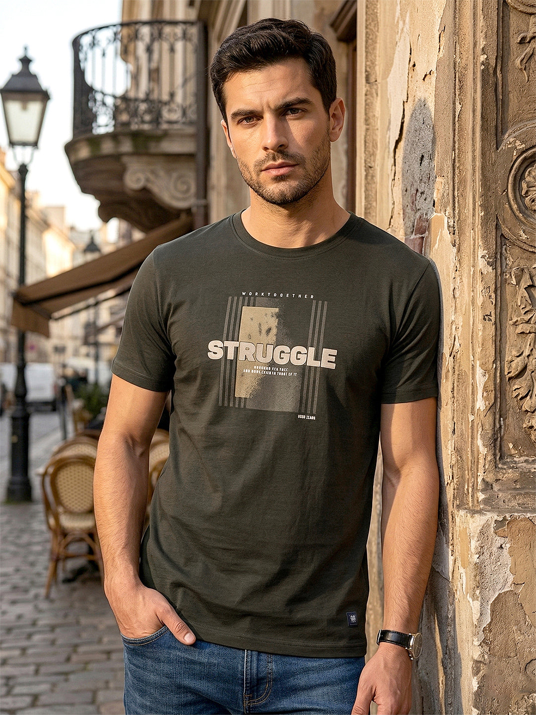 cobb bottle green printed round neck t-shirt