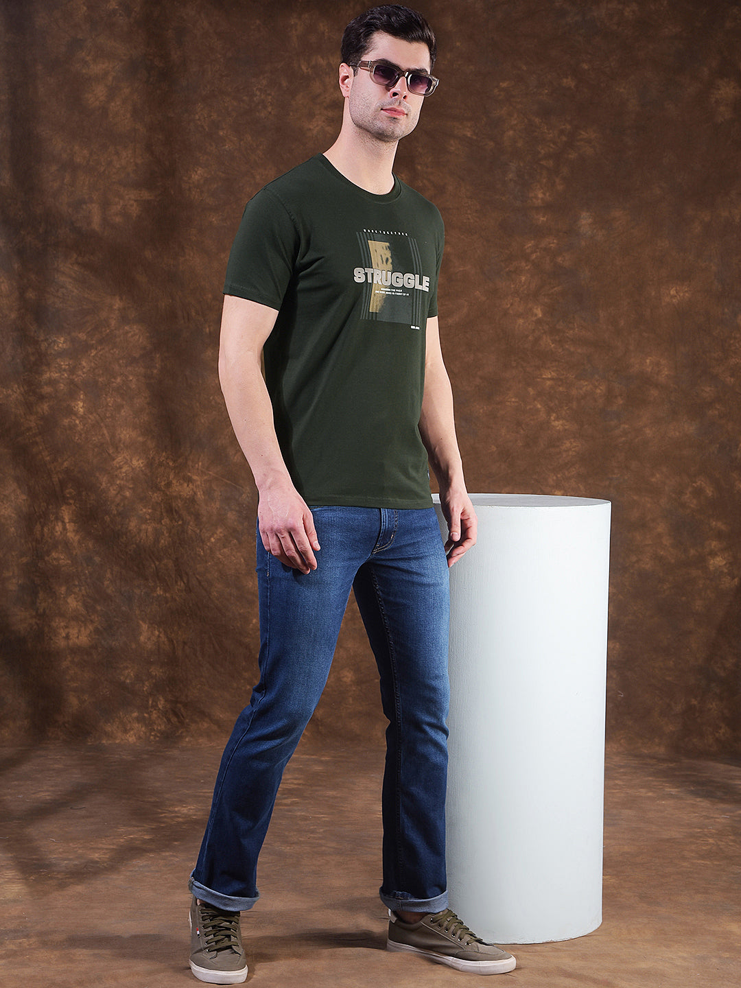 COBB BOTTLE GREEN PRINTED ROUND NECK T-SHIRT