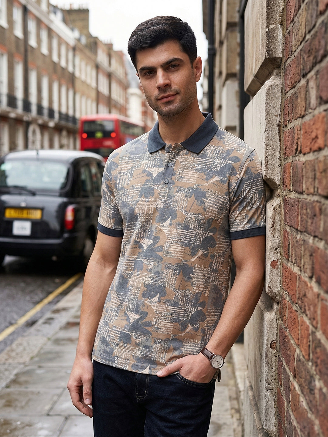cobb beige printed polo neck t-shirt