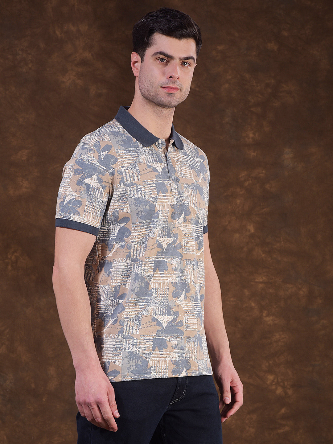 cobb beige printed polo neck t-shirt