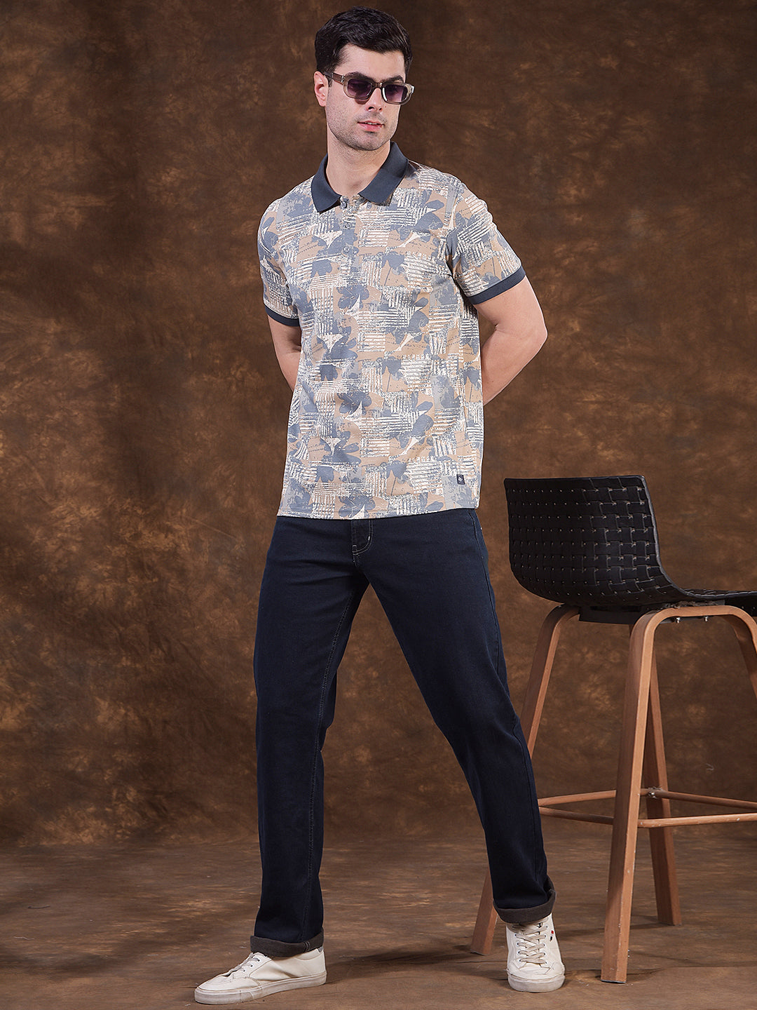 COBB BEIGE PRINTED POLO NECK T-SHIRT