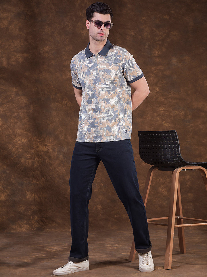 COBB BEIGE PRINTED POLO NECK T-SHIRT