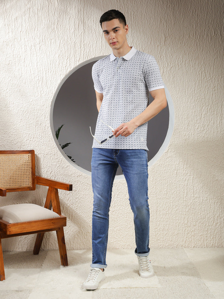 cobb white printed polo neck t-shirt