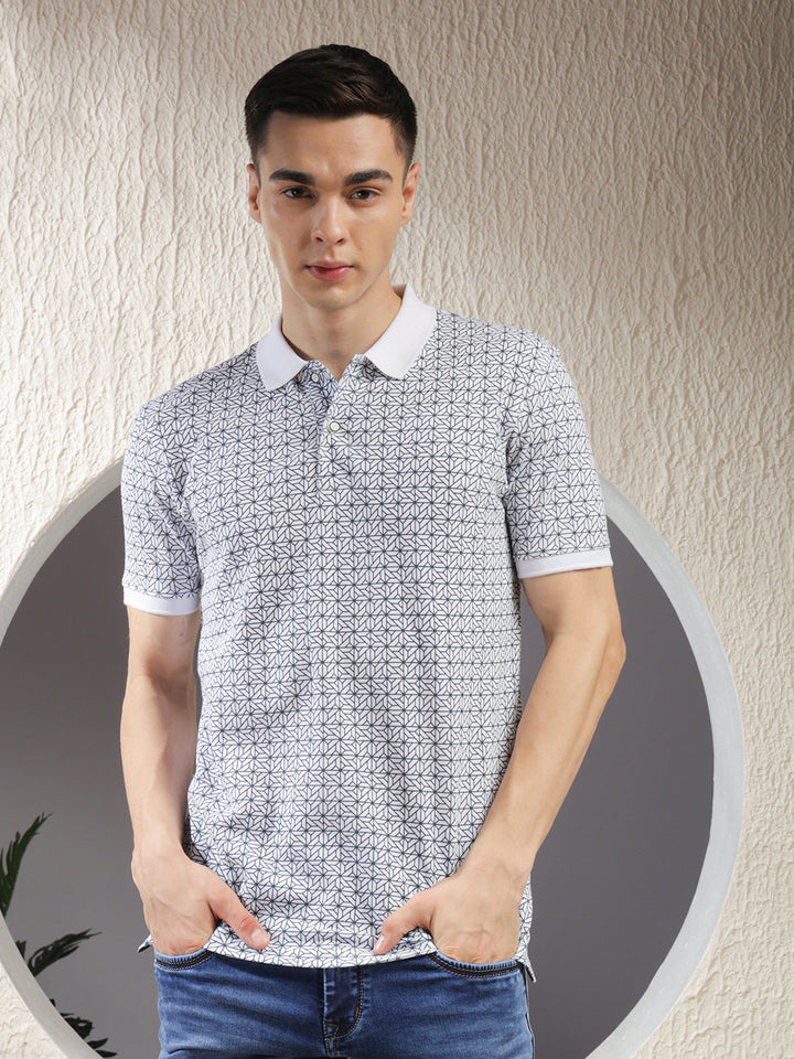 COBB WHITE PRINTED POLO NECK T-SHIRT