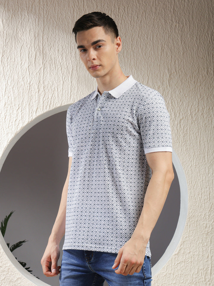 COBB WHITE PRINTED POLO NECK T-SHIRT