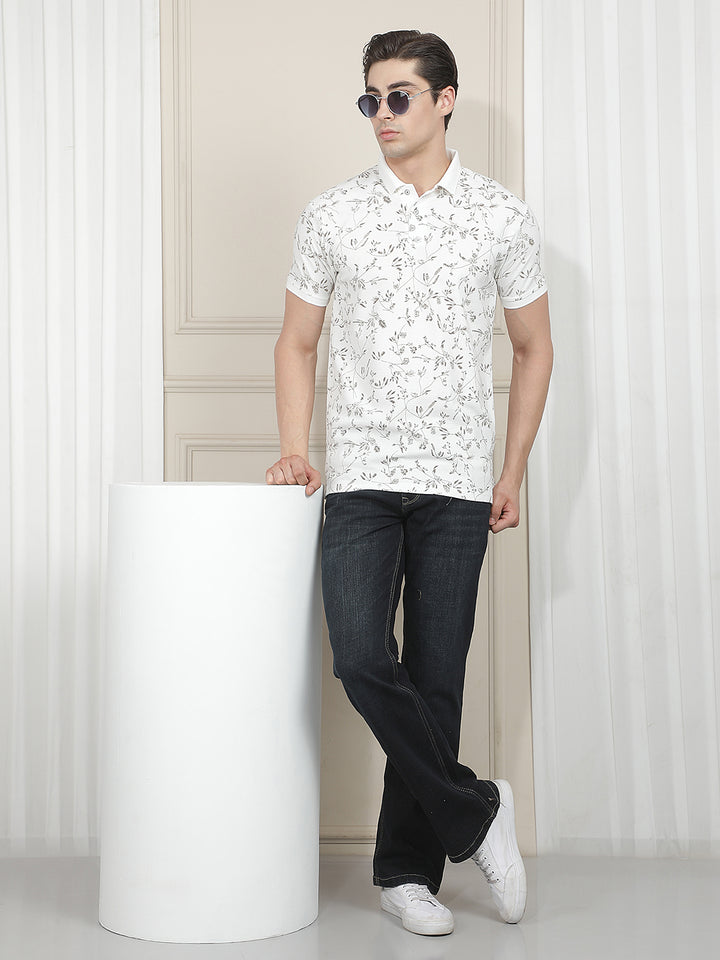 WHITE PRINTED POLO T-SHIRT