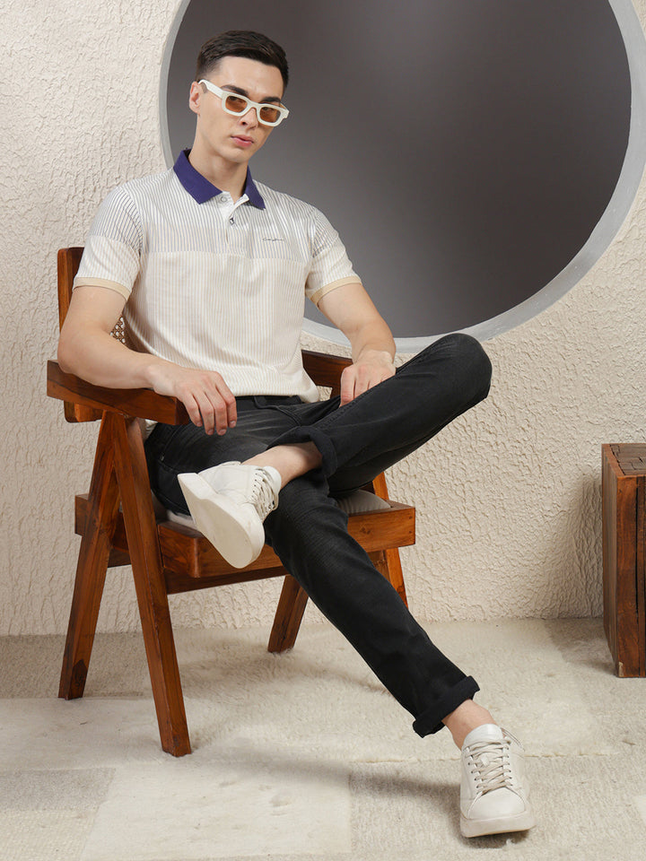 COBB WHITE STRIPED POLO NECK T-SHIRT