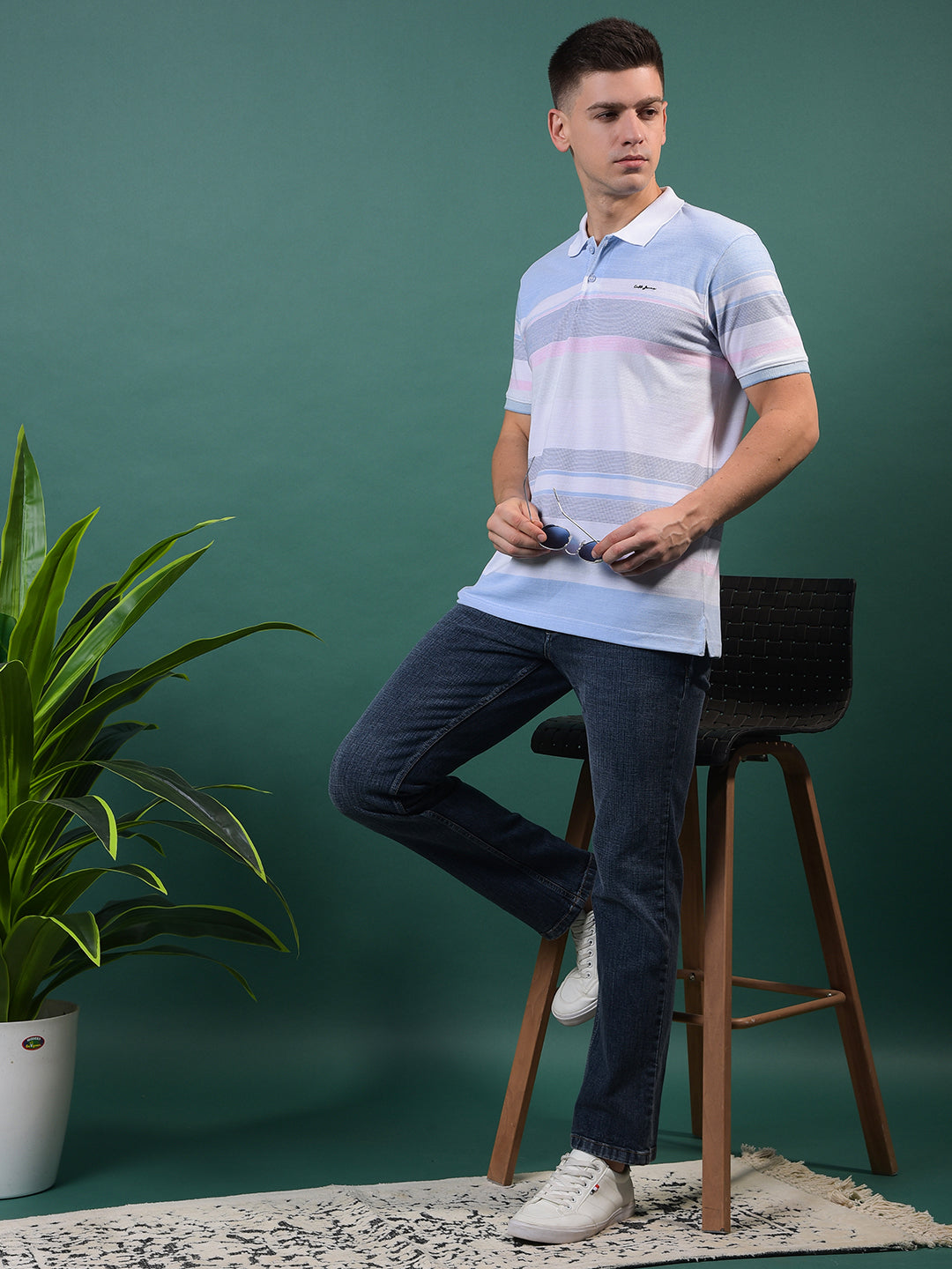 COBB SKY BLUE STRIPED POLO NECK T-SHIRT
