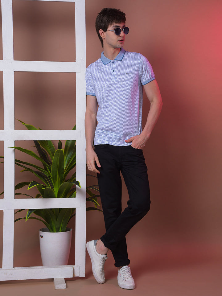 COBB SKY BLUE PRINTED POLO NECK T-SHIRT