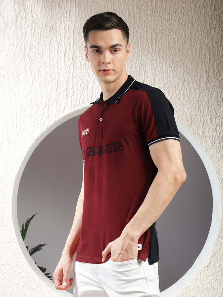 COBB MAROON COLOR-BLOCK POLO NECK T-SHIRT