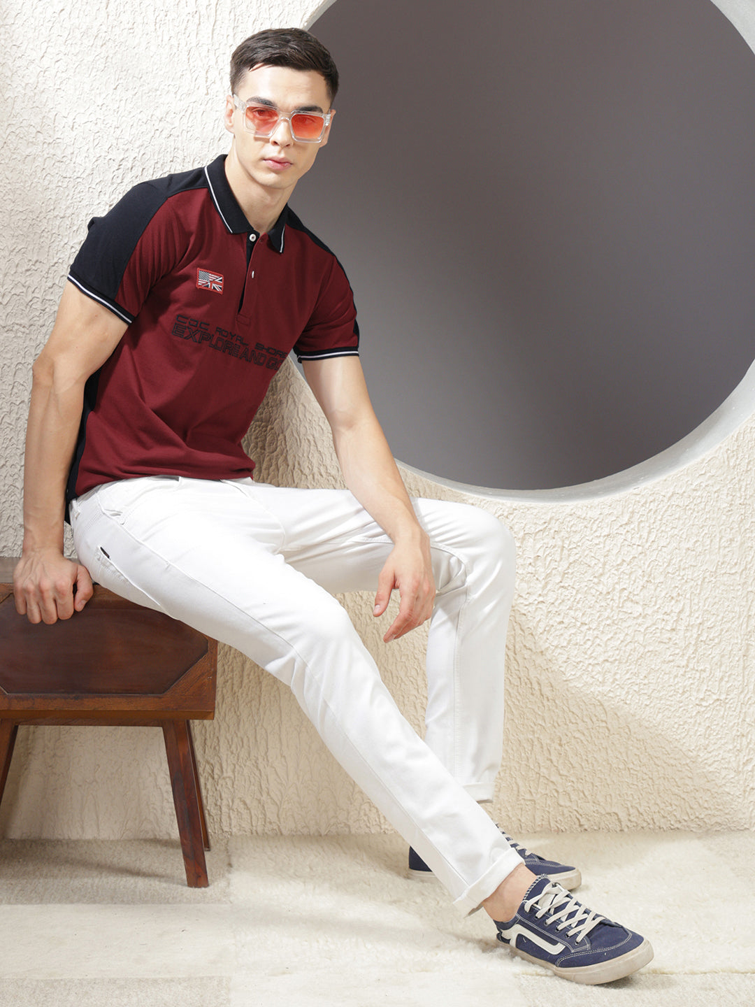 COBB MAROON COLOR-BLOCK POLO NECK T-SHIRT