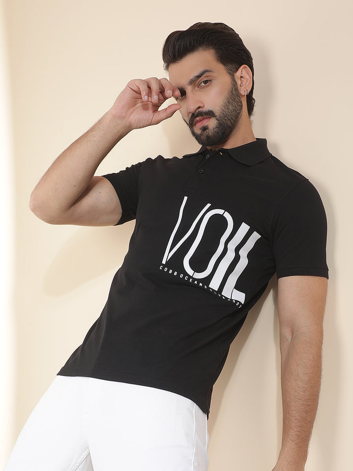 cobb black printed polo neck t-shirt