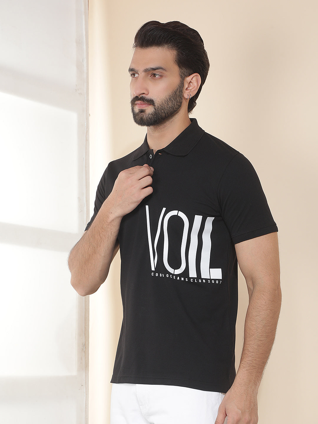 cobb black printed polo neck t-shirt