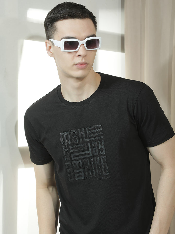 cobb black printed round neck t-shirt
